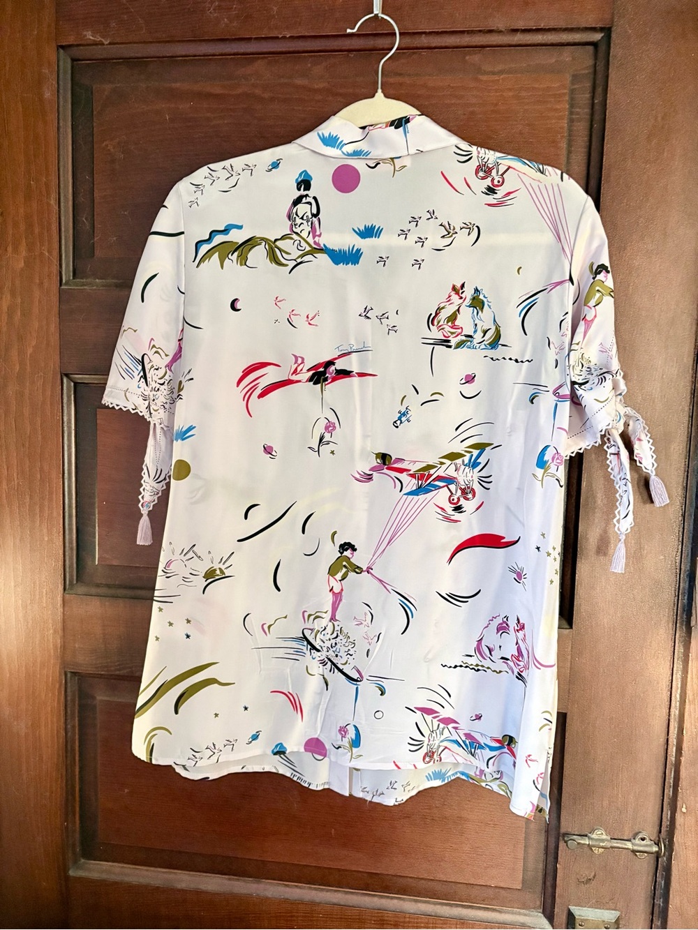Tory Burch White silk Short-Sleeve Printed Blouse with Tassel Details - Picture 5 of 5